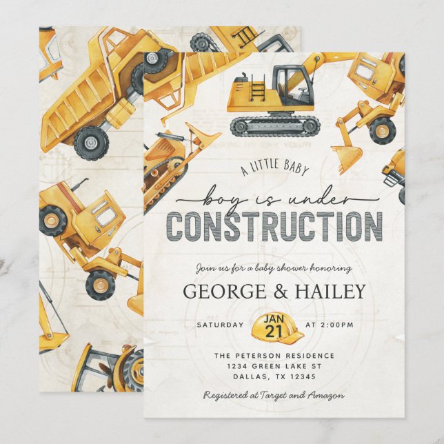 Baby Boy Under Construction Dump Truck Baby Dusche Einladung (Vorne/Hinten)