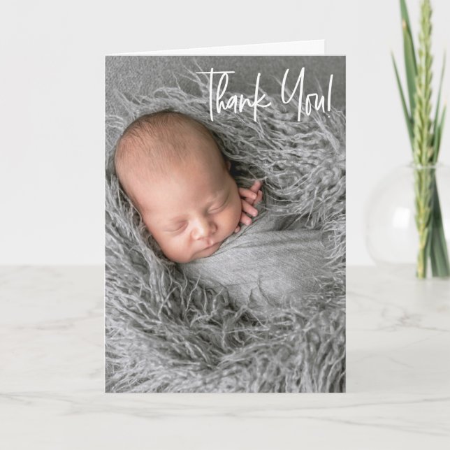 Baby Boy Vertikal Foto Babydusche Handschrift Dankeskarte (Vorderseite)