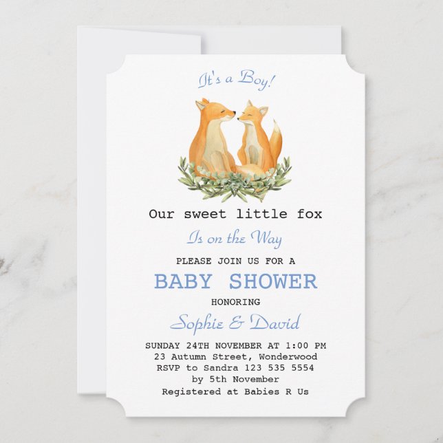 Baby Boy Watercolor Fox Woodland Babydusche Einladung (Vorderseite)