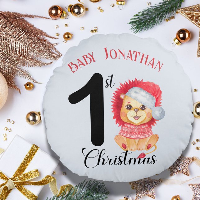 Baby Boy's 1. Weihnachtsbär Niedlich Red Sweater Rundes Kissen (Von Creator hochgeladen)