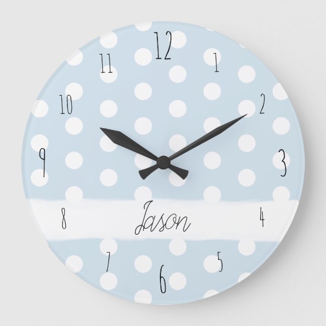 Baby Boy's Blue Polka Dot Spotty Pattern Kinderzim Große Wanduhr (Vorderseite)