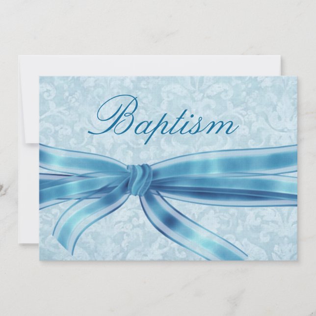 Baby Boys Christening Blue Damask Leinenpapier Einladung (Vorderseite)