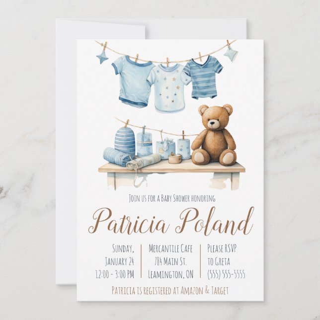 Baby Boy's Clothes auf Clothesline Baby Shower Einladung (Vorderseite)