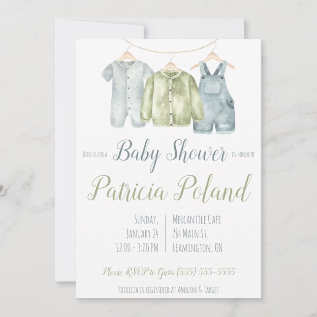 Baby Boy's Clothes auf Clothesline Baby Shower Einladung (Vorderseite)