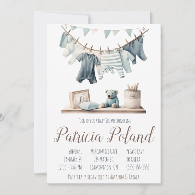 Baby Boy's Clothes auf Clothesline Baby Shower Einladung (Vorderseite)