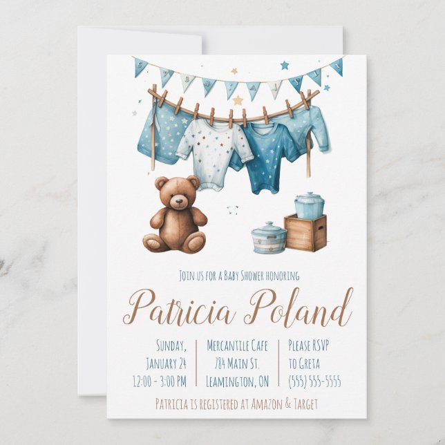 Baby Boy's Clothes auf Clothesline Baby Shower Einladung (Vorderseite)