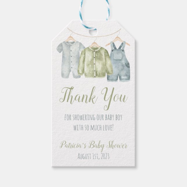 Baby Boy's Clothes, Clothesline Baby Shower Fevor Geschenkanhänger (Vorderseite)