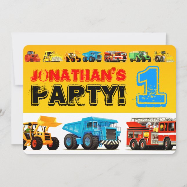 Baby Boy's Construction Trucks 1. Geburtstag Party Einladung (Vorderseite)