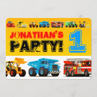 Baby Boy's Construction Trucks 1. Geburtstag Party Einladung