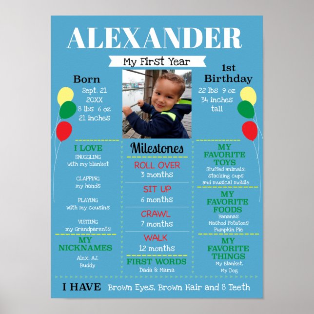 Baby Boy's First Birthday Balloons Foto Poster (Vorne)