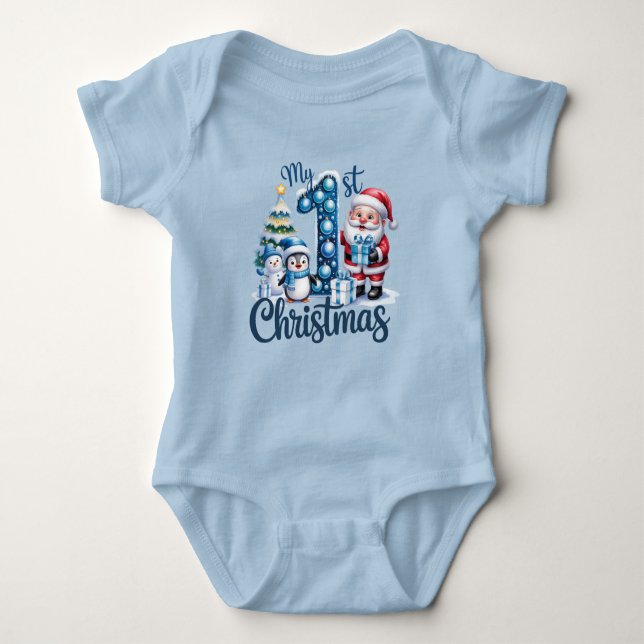 Baby Boy's First Christmas Blue Baby Strampler (Vorderseite)