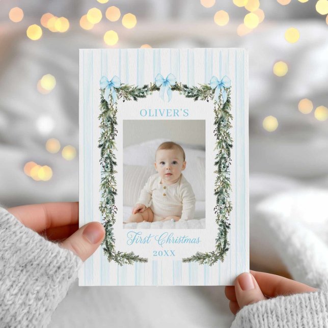 Baby Boy's First Christmas Foto Card Karte (Elegant Blue Photo First Christmas Card)