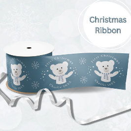 Baby Boys First Christmas Polar Bär Blue Satinband