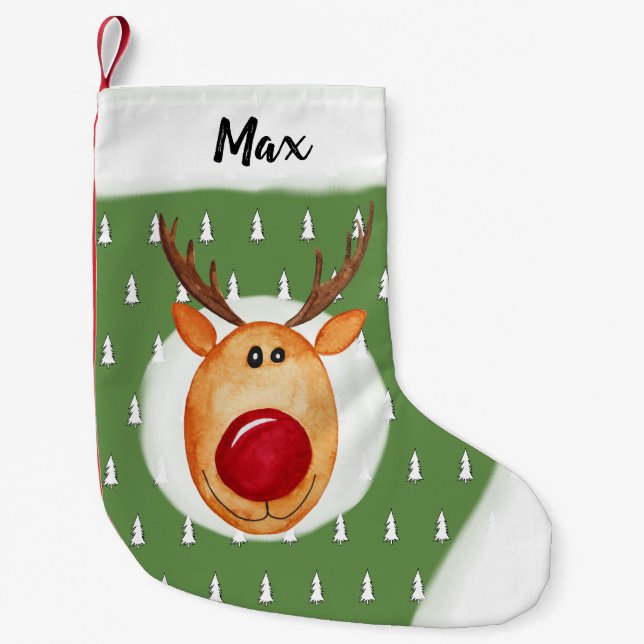 Baby Boy's First Christmas Rudolph Tree mit Namen Kleiner Weihnachtsstrumpf (Vorderseite)