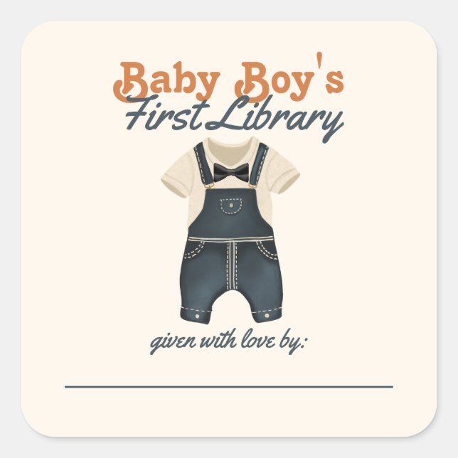 Baby Boy's First Library Book Themed Baby Shower Quadratischer Aufkleber (Vorderseite)