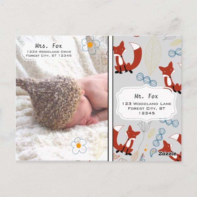 Baby Boy's Foto Fox Woodland Birth Record Stats Postkarte (Rückseite)