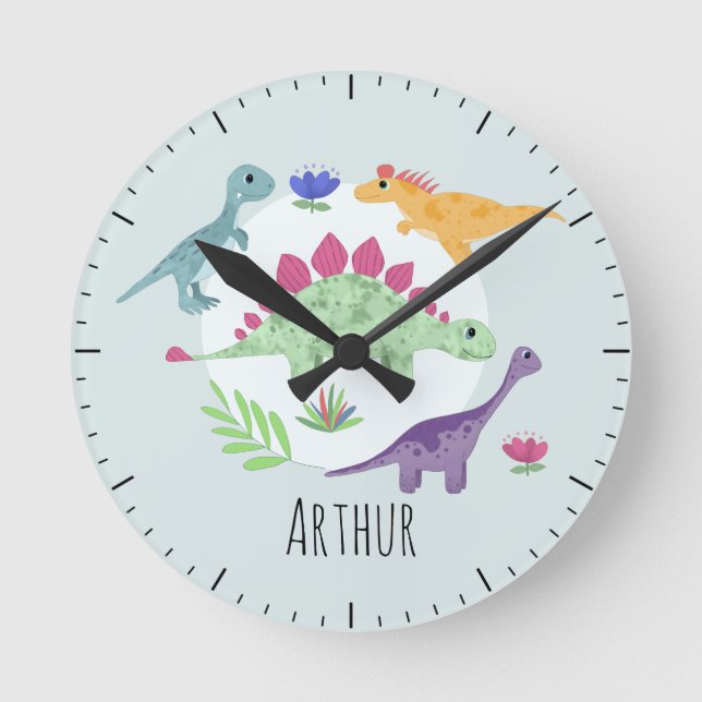 Baby Boys Niedlich Blue Dinosaurier Kinder Kinderz Runde Wanduhr (Vorderseite)