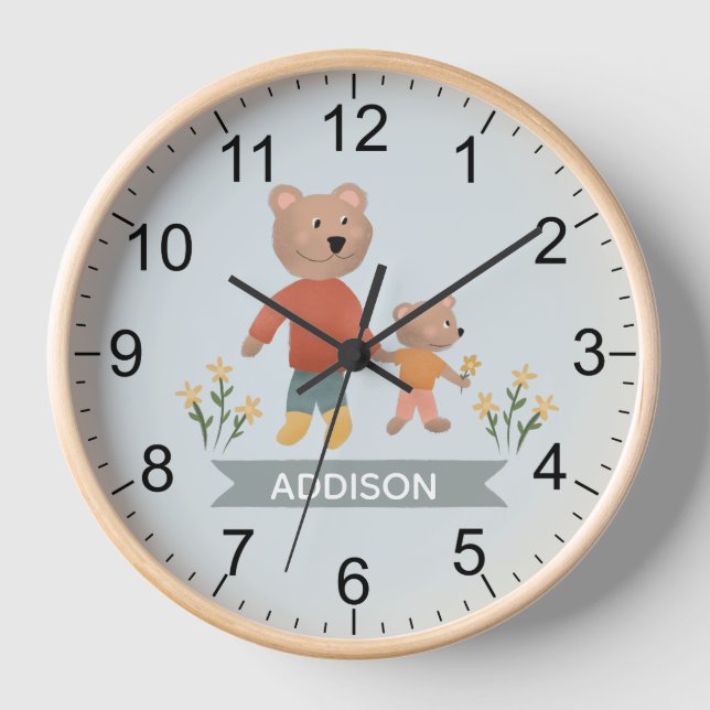 Baby Boys Niedlich Blue Forest Bears Kinderzimmer Uhr (Vorderseite)