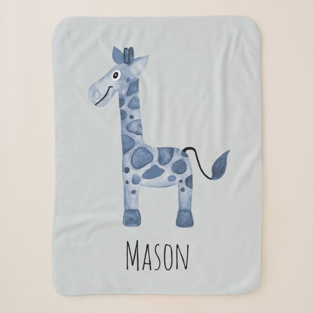 Baby Boy's Niedlich Blue Safari Giraffe und Name Sherpadecke (Vorderseite)