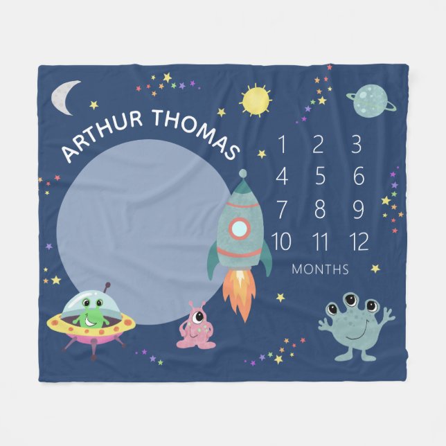 Baby Boys Niedlich Blue Space Alien Cartoon Milest Fleecedecke (Vorderseite (Horizontal))
