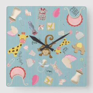 Baby Boy's Room Animal Toys Quadratische Wanduhr