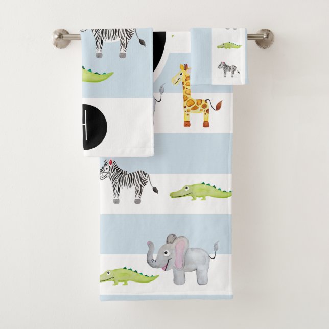 Baby Boy's Stripe Safari Animal Monogram & Name Badhandtuch Set (Insitu)