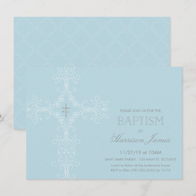 Baby Boy's Taufe Einladung mit Kreuz, Initialen (Vorne/Hinten)