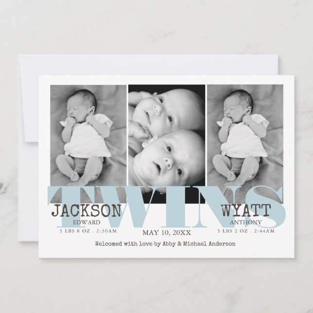 Baby Boys Twins Beautiful Blue Birth Ankündigung (Vorderseite)