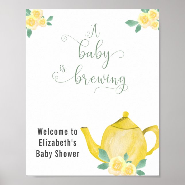Baby Braut Gelbe Teekanne Babydusche Begrüßung Poster (Vorne)