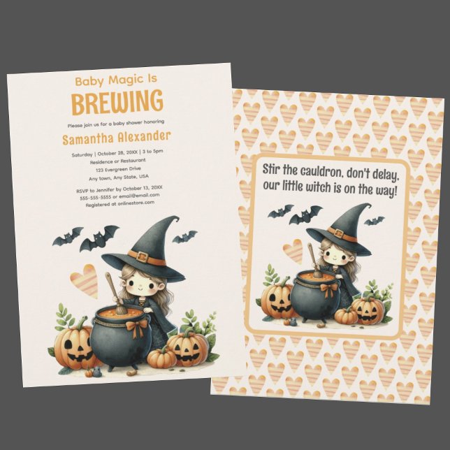 Baby braut Halloween Babydusche Einladung (Baby Magic is Brewing Halloween baby shower invitation. Cute witch stirring cauldron. Halloween poem)