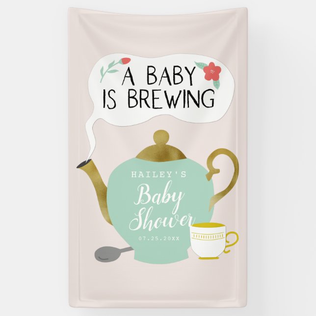 Baby braut niedliches rosa und grüner Tee-Party Banner (Vertikal)
