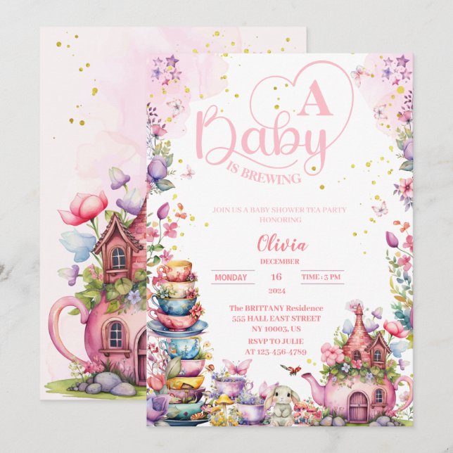 Baby braut pinkfarbene goldene Teeblätterdusche Einladung (Vorne/Hinten)