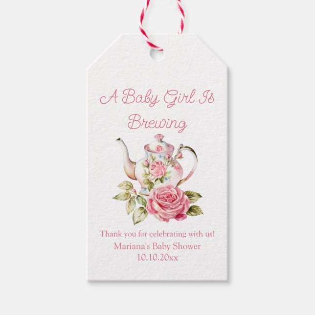 Baby braut rosa Blume Teekanne Babydusche Geschenkanhänger (Vorderseite)