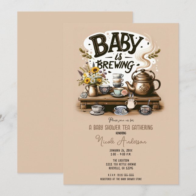 Baby braut rustikales Tee Kettle Peach Dusche Einladung (Vorne/Hinten)