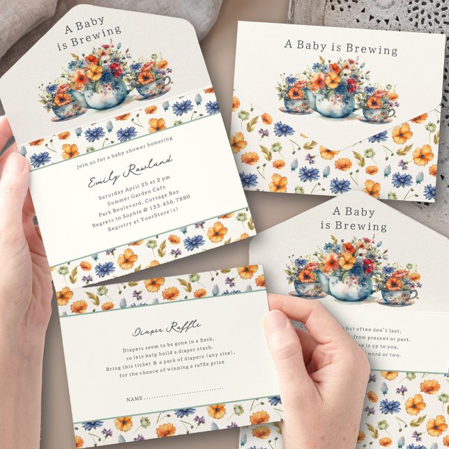 Baby Braut Teekanne und Teacups Baby Dusche All In One Einladung (Trifold Baby Shower Invitation. All-in-One design with book request + tear-off Diaper Raffle Ticket)