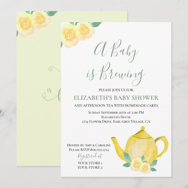 Baby braut Yellow Teapot Baby Dusche Einladung (Vorne/Hinten)