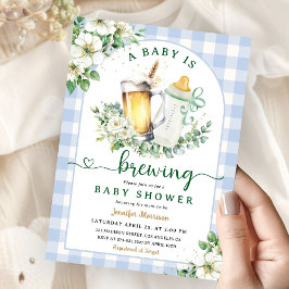 Baby Brewing Beer Baby Shower Boy Blue Gingham Einladung