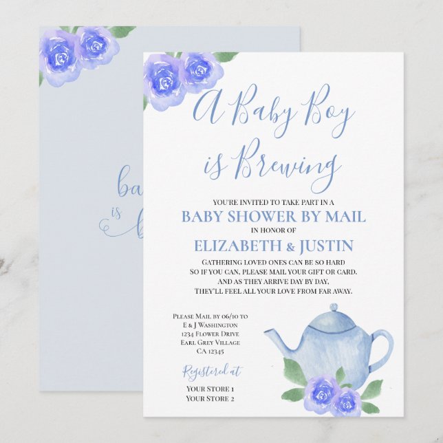 Baby Brewing Blue Teapot Baby Shooter by Mail Einladung (Vorne/Hinten)