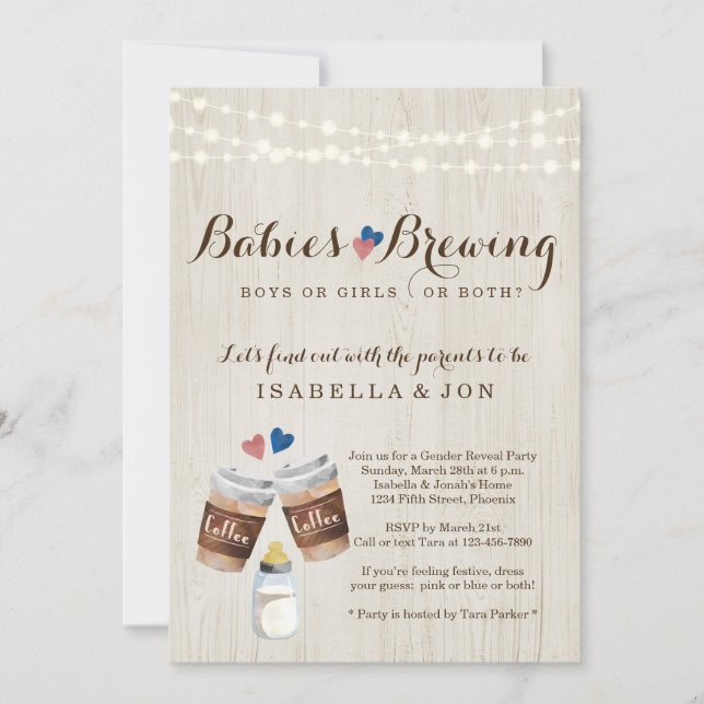 Baby Brewing Coffee Twins Gender Reveal Party Einladung (Vorderseite)