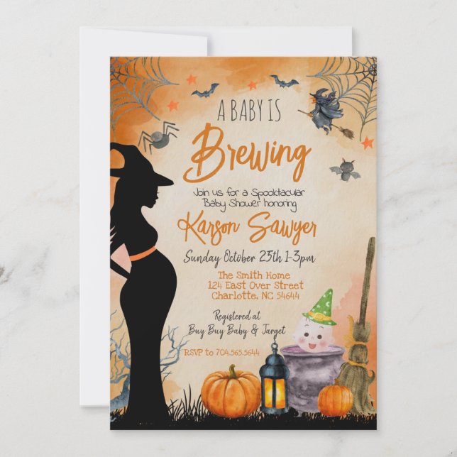Baby Brewing Halloween Baby Shower Einladung (Vorderseite)