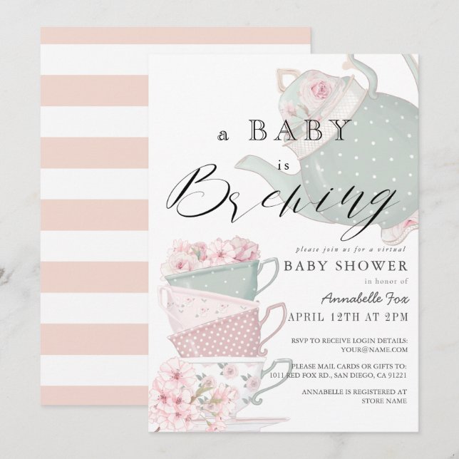 Baby Brewing Pink Tee Party Virtual Baby Dusche Einladung (Vorne/Hinten)