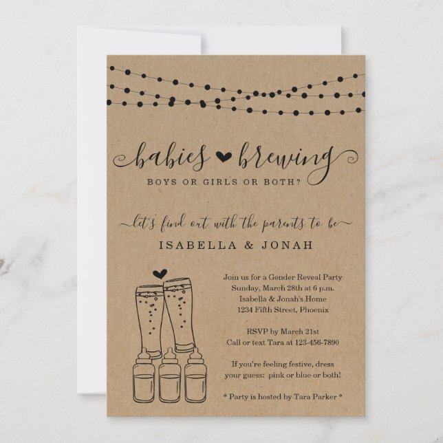 Baby Brewing Triplets Couple's Gender Reveal Party Einladung (Vorderseite)