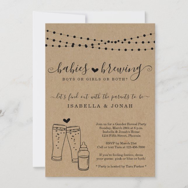Baby Brewing Twins Couple's Gender Reveal Party Einladung (Vorderseite)