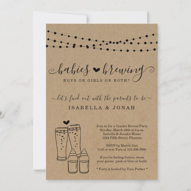 Baby Brewing Twins Couple's Gender Reveal Party Einladung (Vorderseite)