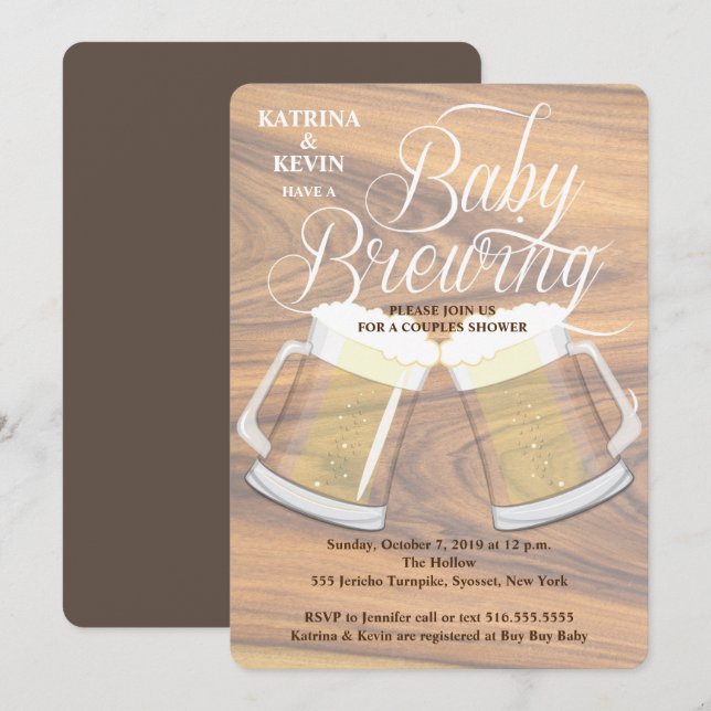 Baby Brewing Wood Rustic Beer Tasse Babydusche Einladung (Vorne/Hinten)