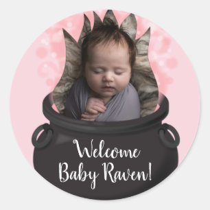 Baby bricht Hexengeburt Ankündigung Pink Girl Runder Aufkleber