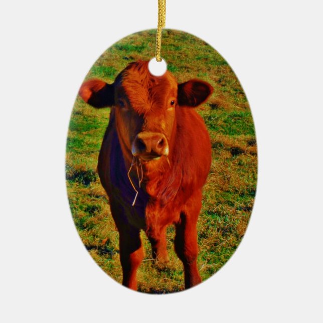 BABY BROWN COW EATING KERAMIKORNAMENT (Vorne)