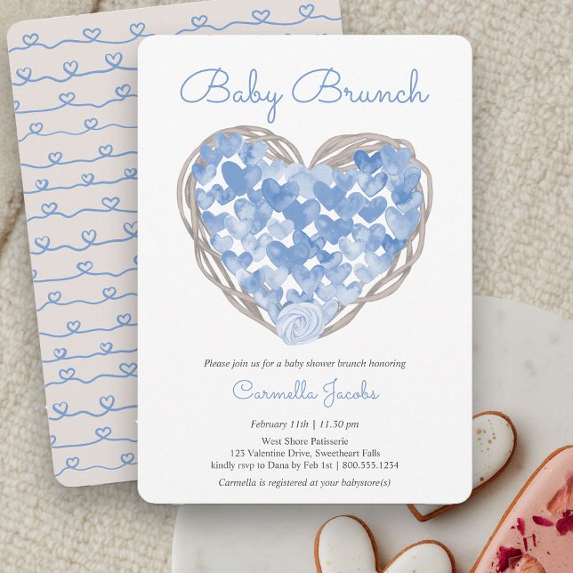 Baby Brunch Blue Hearts Rustic Baby Shower Einladung (Baby Brunch Rustic Blue Heart Baby Shower Invitation)
