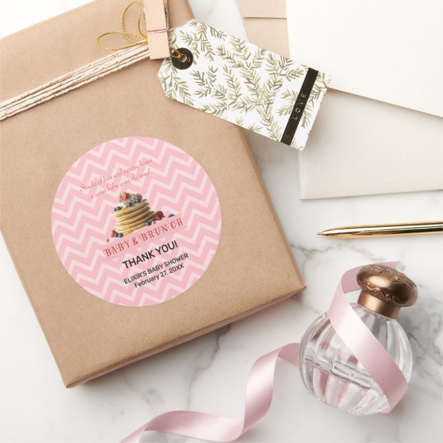 Baby & Brunch Rosa Erdbeere Pancakes Baby Dusche Runder Aufkleber (Schenken)