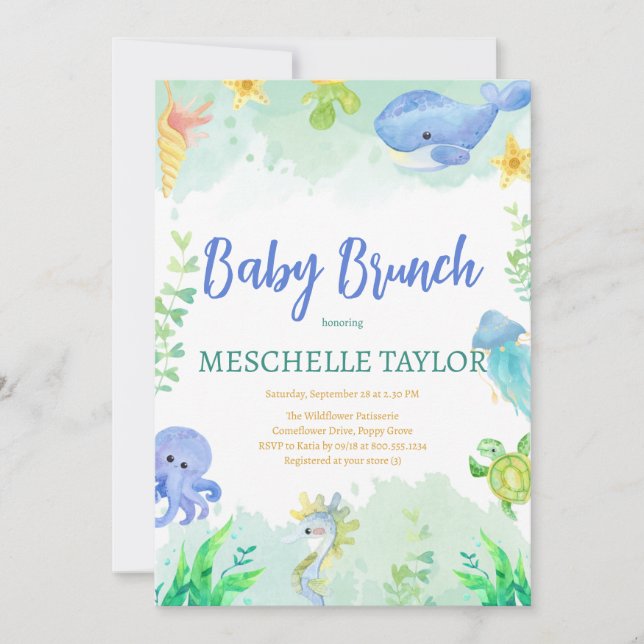 Baby Brunch unter der Blue Green Baby Dusche Einladung (Vorderseite)